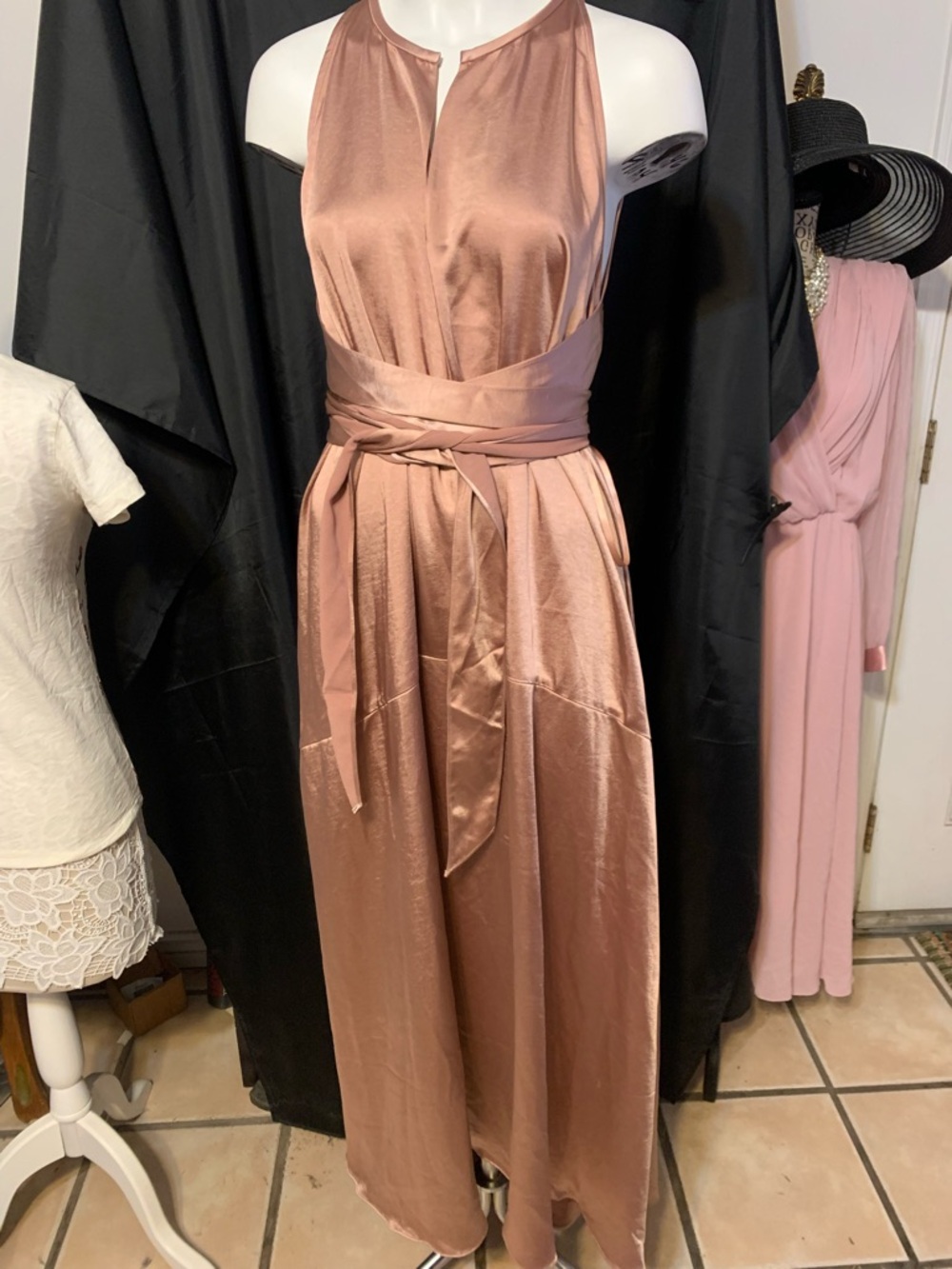 Ted Baker Rose Gold Satin Halter Wrap Maxi Gown